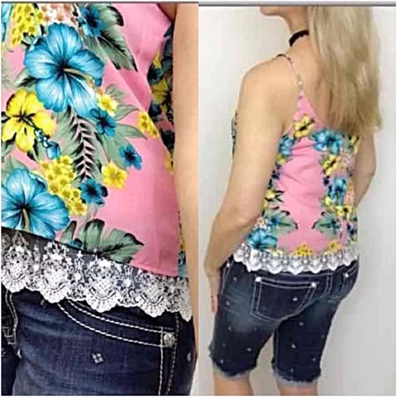 Lace Hem Lined Floral Spaghetti Blouse SML - Picture 2 of 4